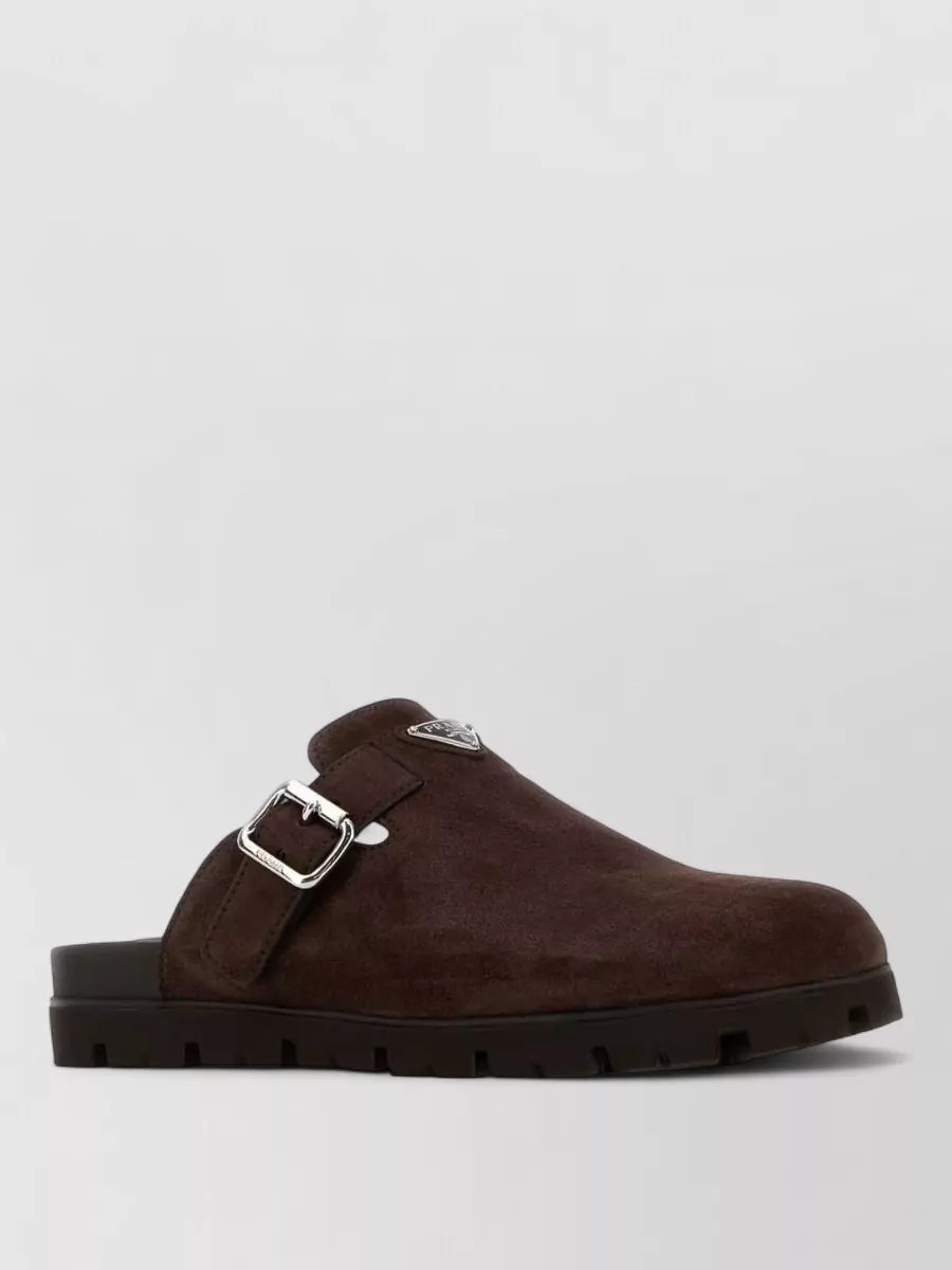 Prada Suede sandals slip on buckle detail | The Fashion Square