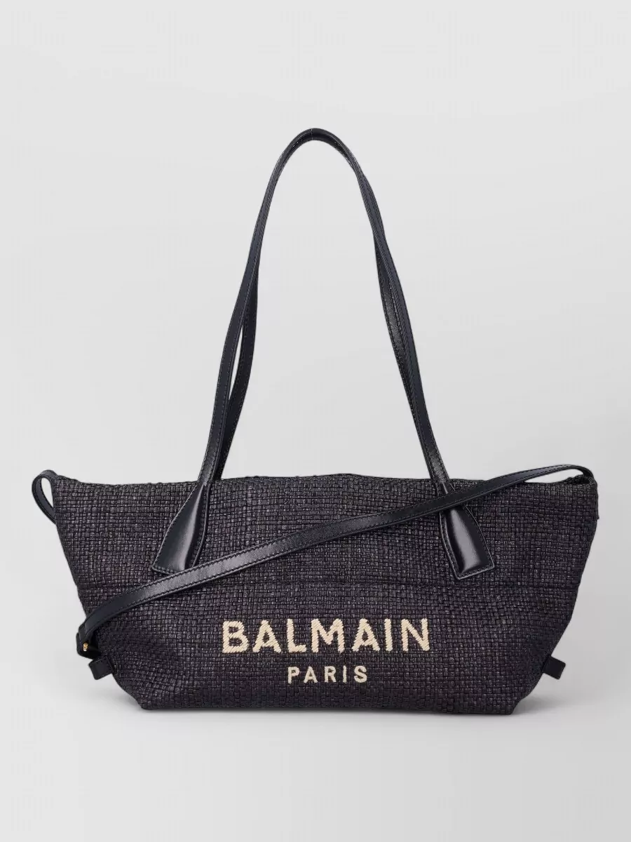 Balmain Track Small Raffia Effect Leather Tote