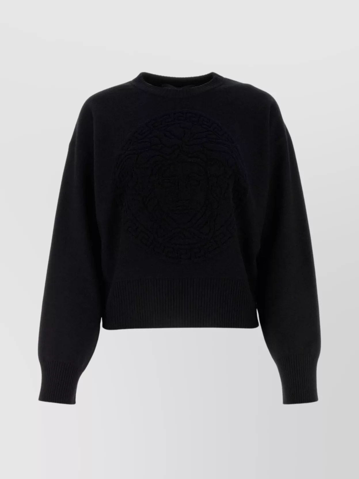 Shop Versace Oversized Wool Blend Sweater With Embroidered Detail In Black