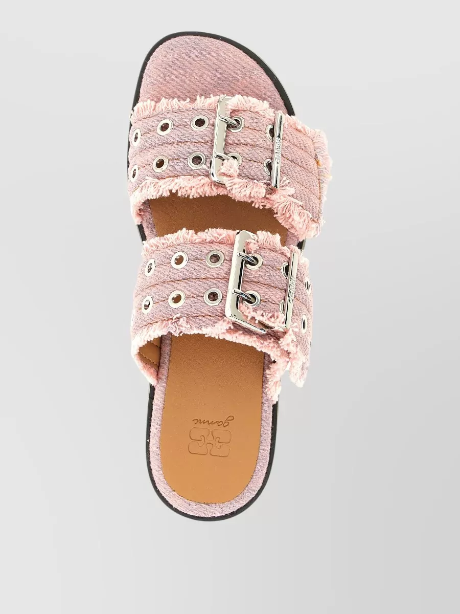 Ganni Buckle Denim Sandals Frayed Edges Eyelets