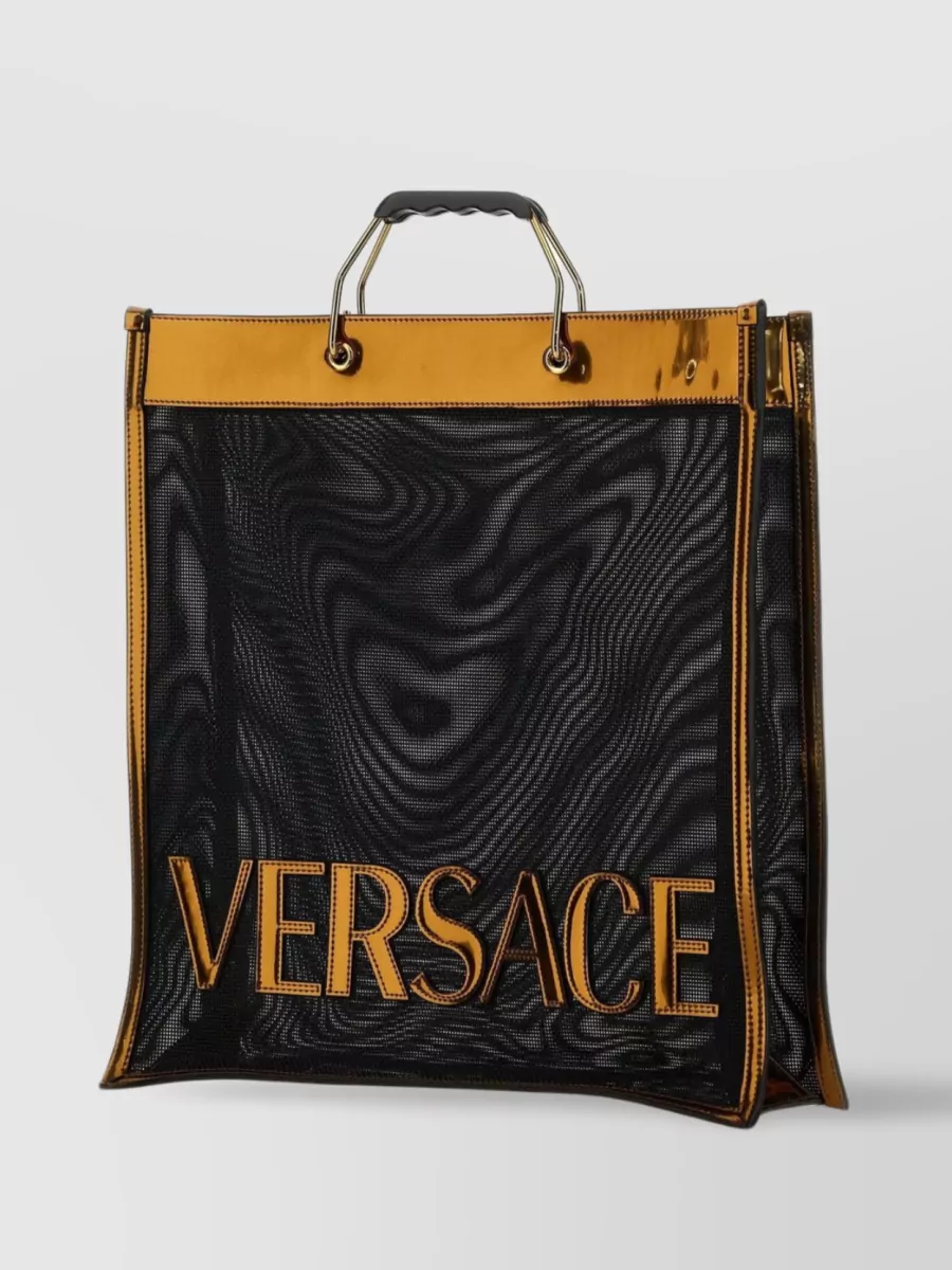 Shop Versace Sheer Mesh Shopping Tote With Chic Accents In Black