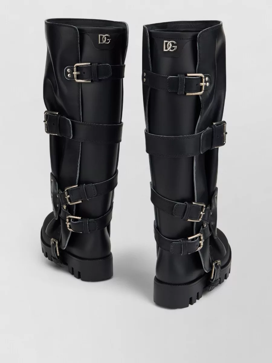 Dolce&Gabbana Leather Biker Boots Knee High Straps Buckles