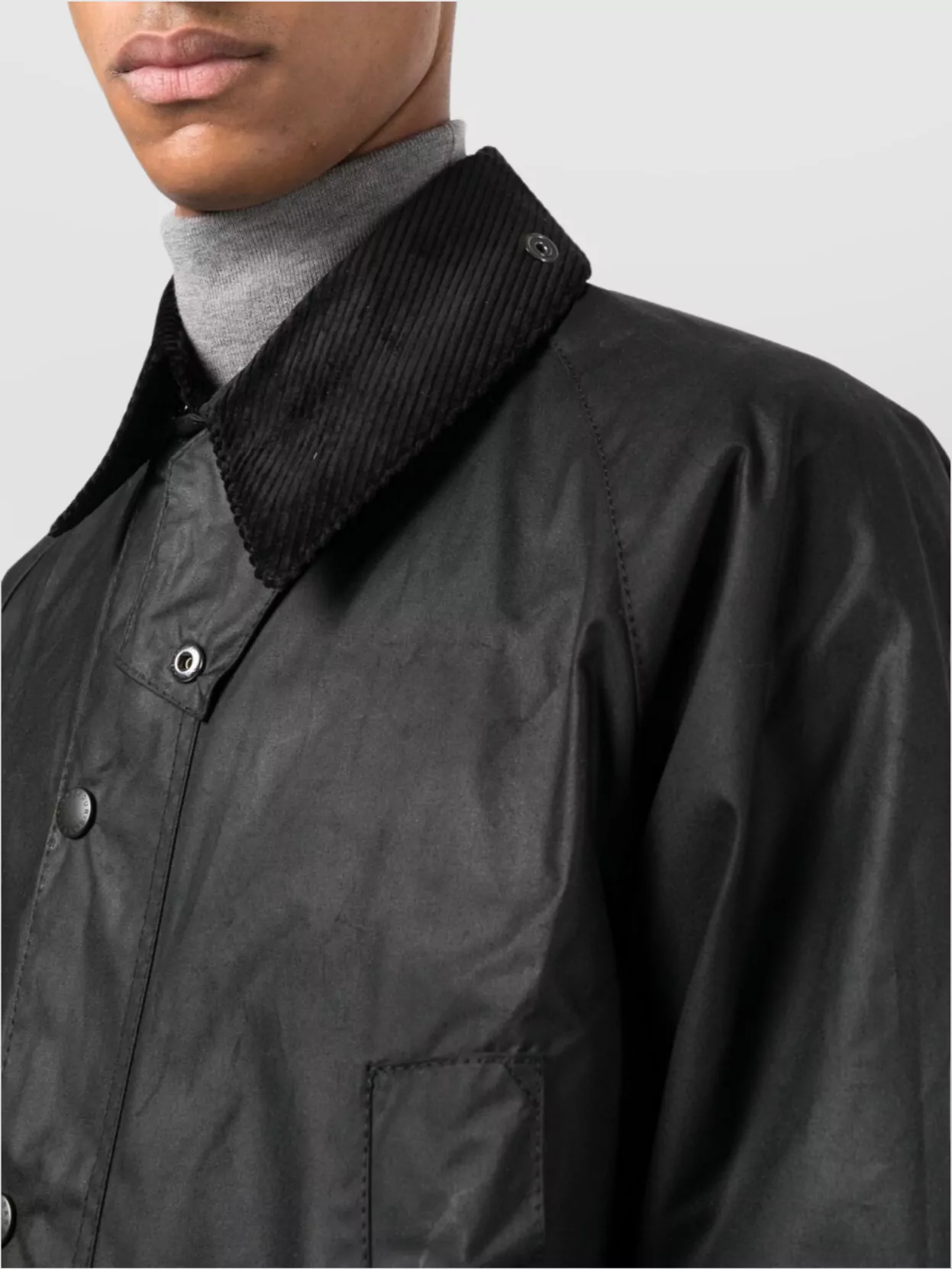 Barbour Waxed Jacket With Corduroy Collar And Pockets In Black