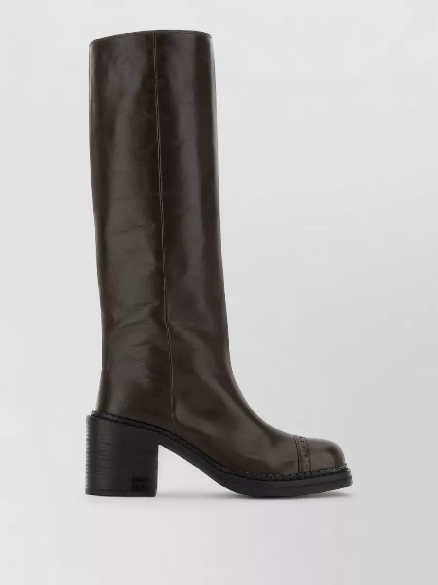 Miu Miu Leather Knee High Boots Block Heel