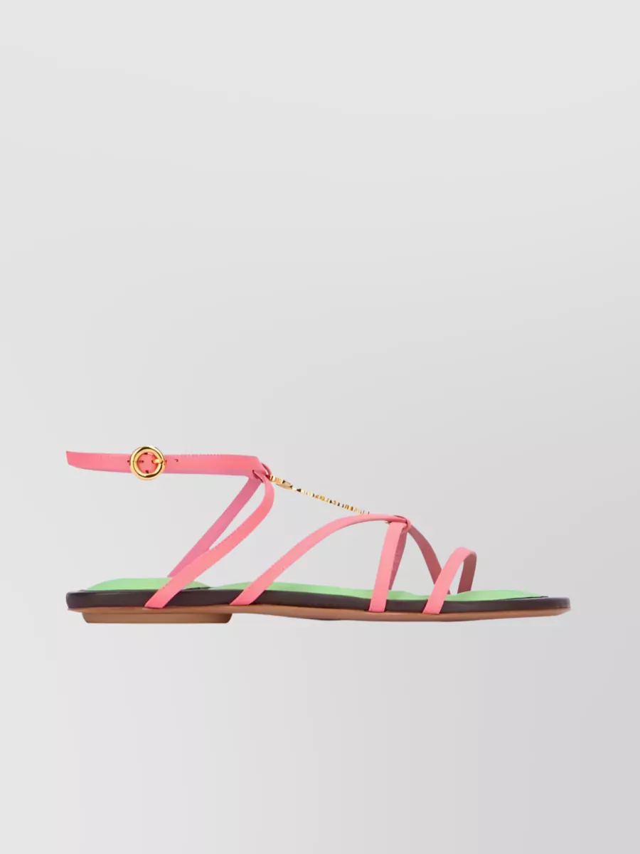 Shop Jacquemus Pralu Le Raphia Logo Charm Leather Sandals In Pink