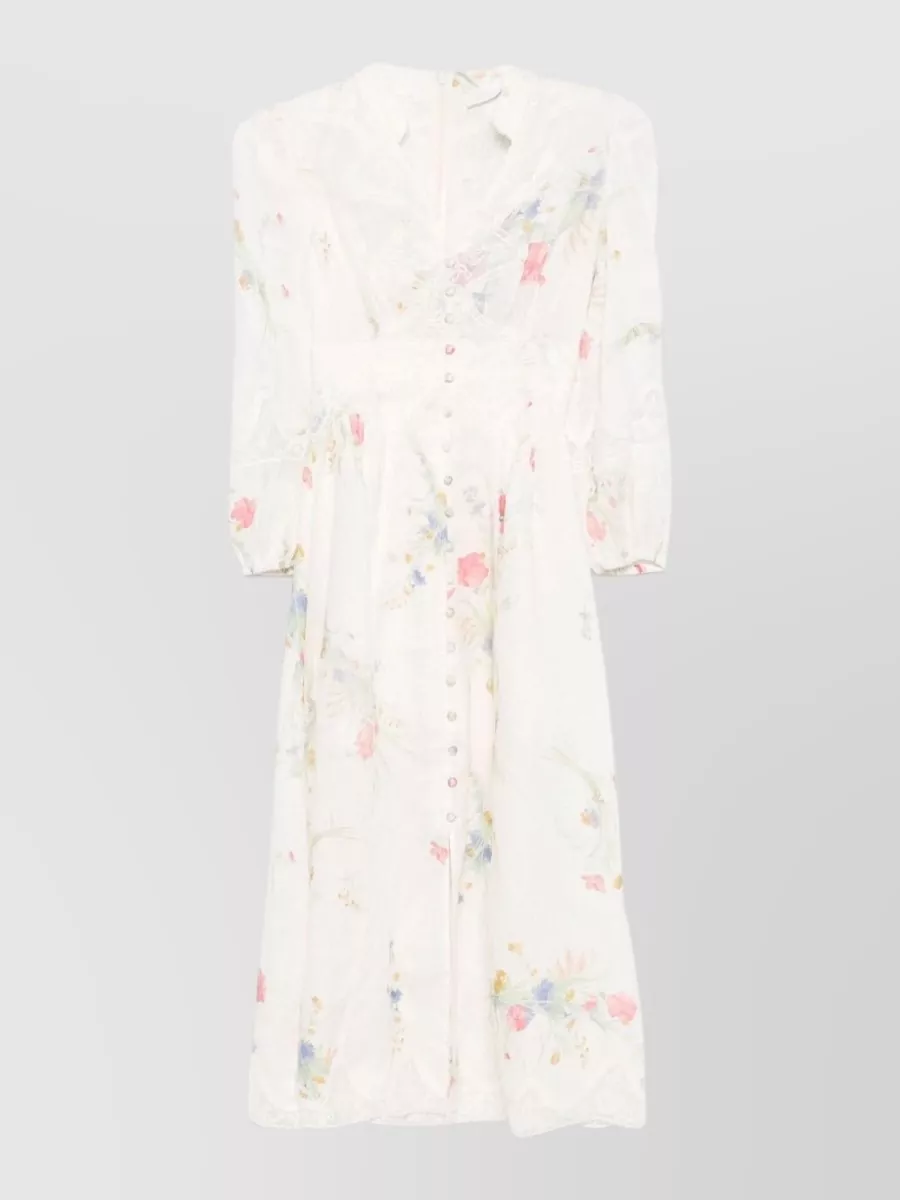Zimmermann Linen Floral-Print V-Neck Midi Dress