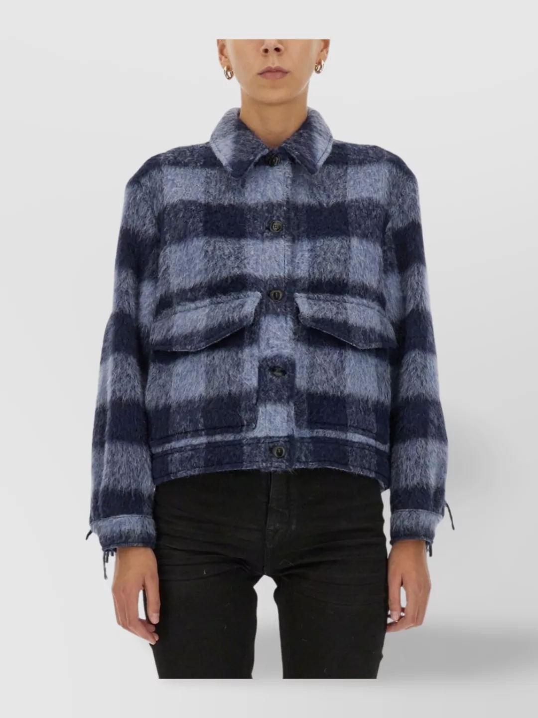 WOOLRICH CHECKED FRINGE COLLARED JACKET