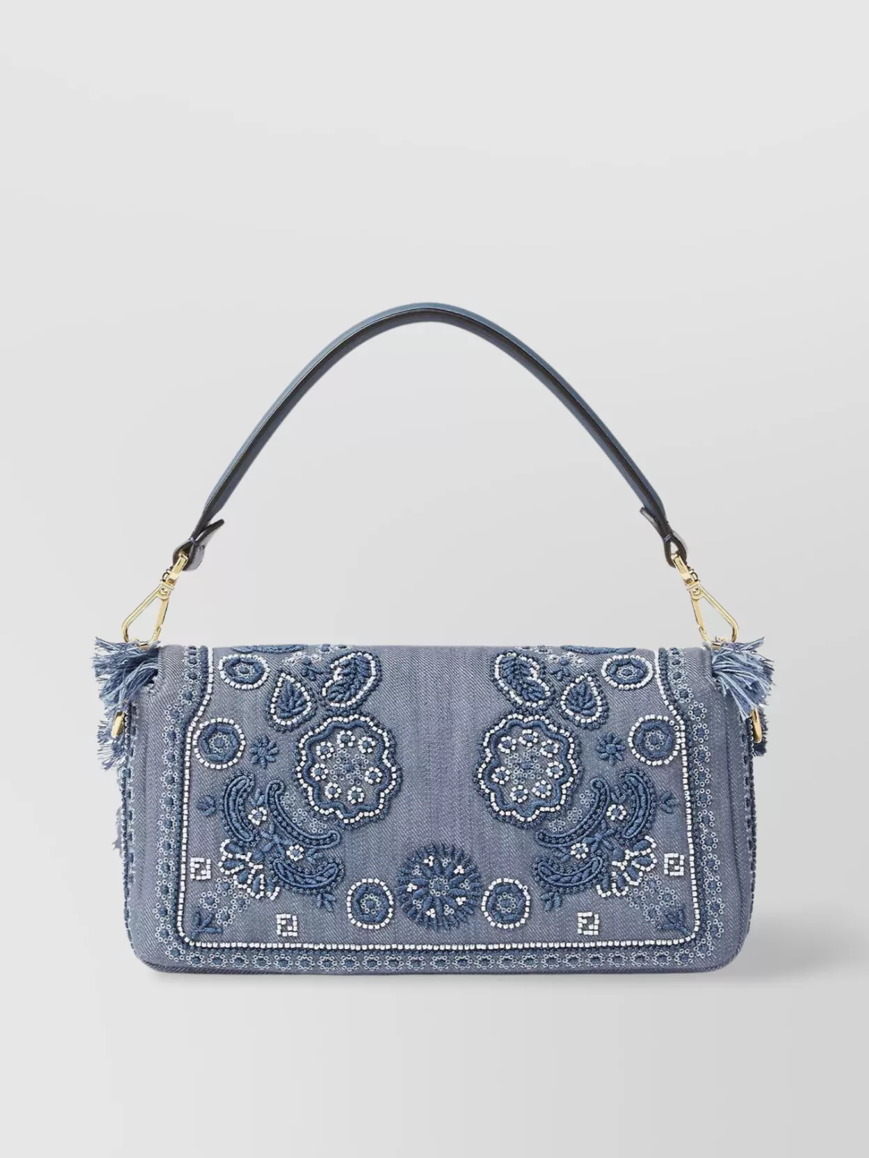 Fendi Embroidered Fringe Top Handle Shoulder Bag In Blue