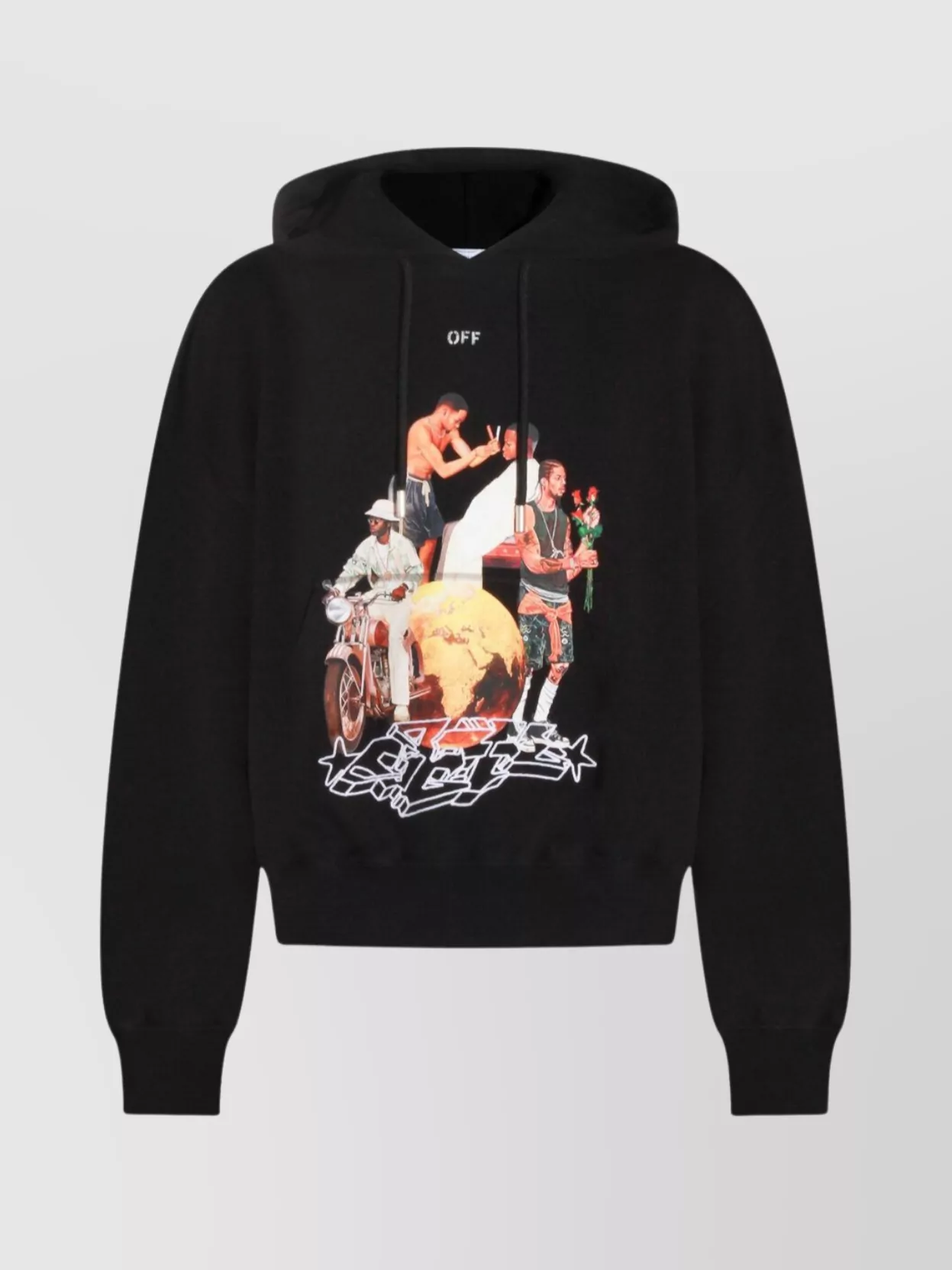 Off-white Hooded Sweatshirt With Graphic Print And Ribbed Cuffs In Black