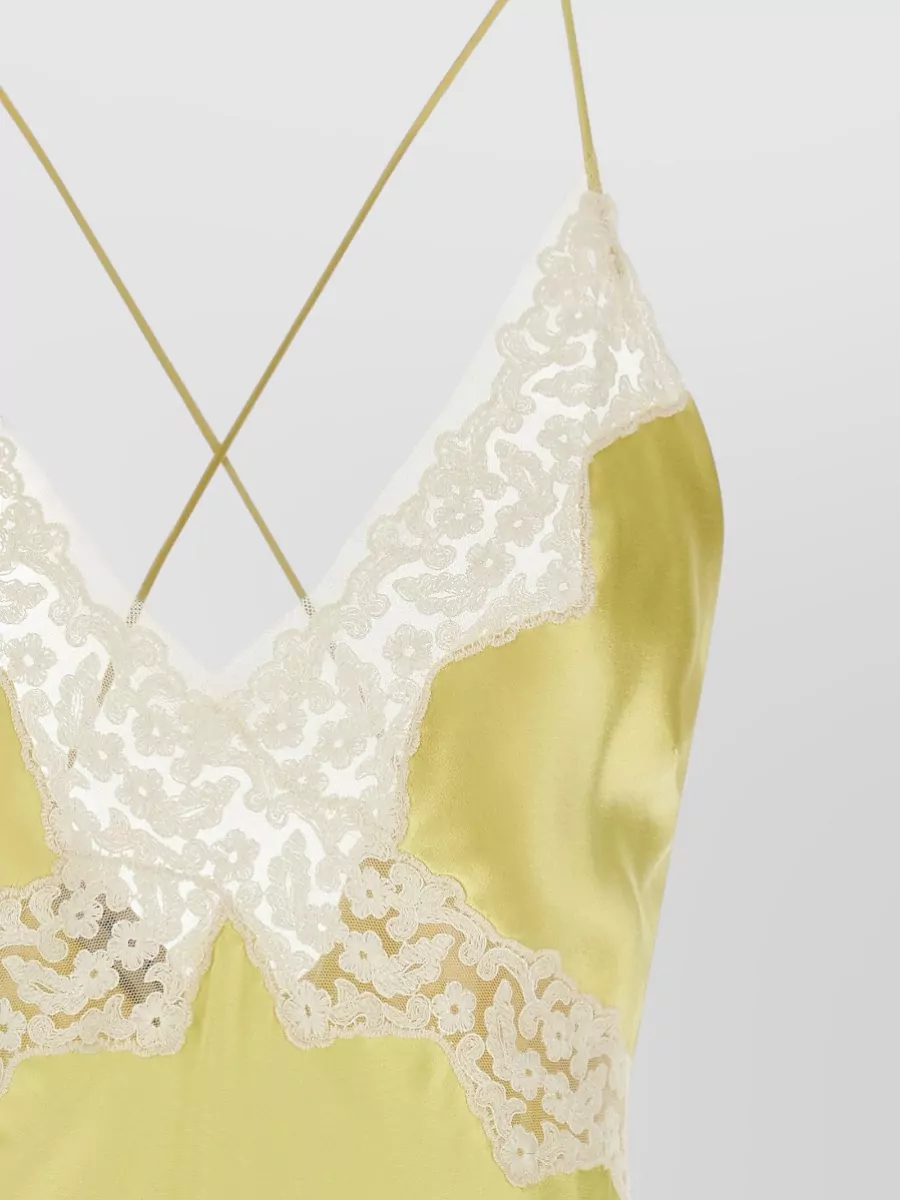 Alberta Ferretti Lace Trim Satin Top Cross Back Straps