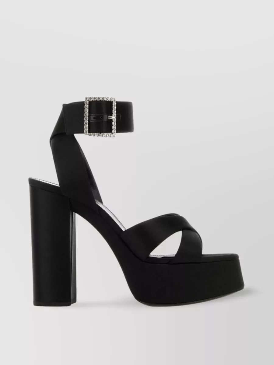 Shop Saint Laurent Satin Block Heel Sandals In Black