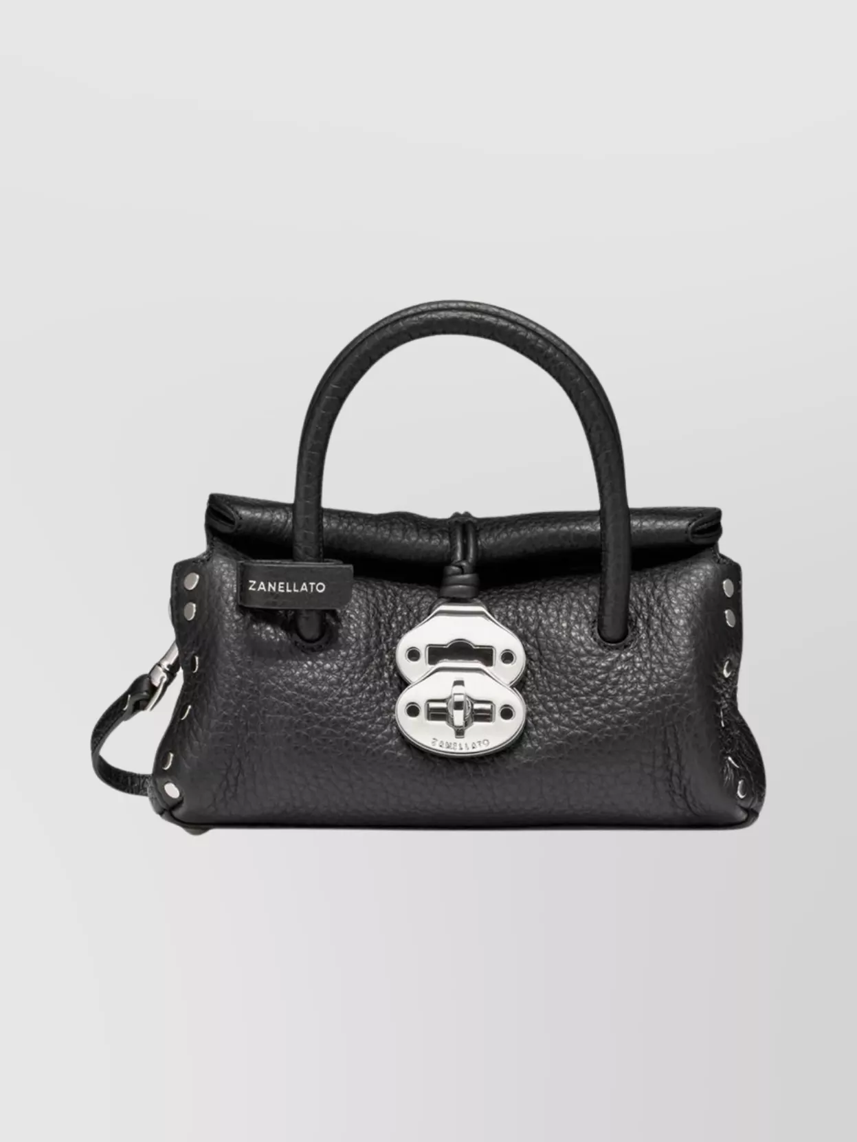 Zanellato Structured Black Hammered Leather Bag With Twist Lock Closure In Black