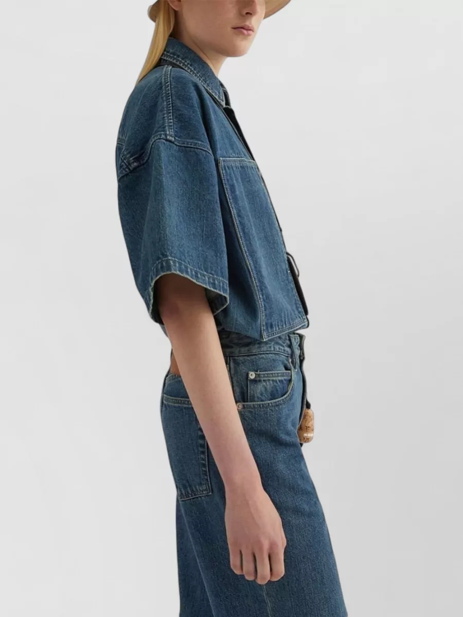 Jil Sander Plus Denim Paneled Crop-Sleeve Shirt