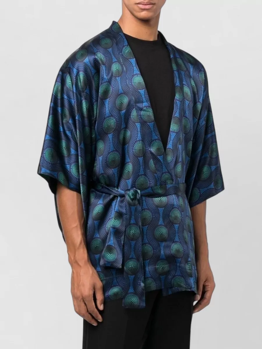 Ozwald Boateng Silk Short-Sleeve Geometric-Print Belted Kimono Jacket