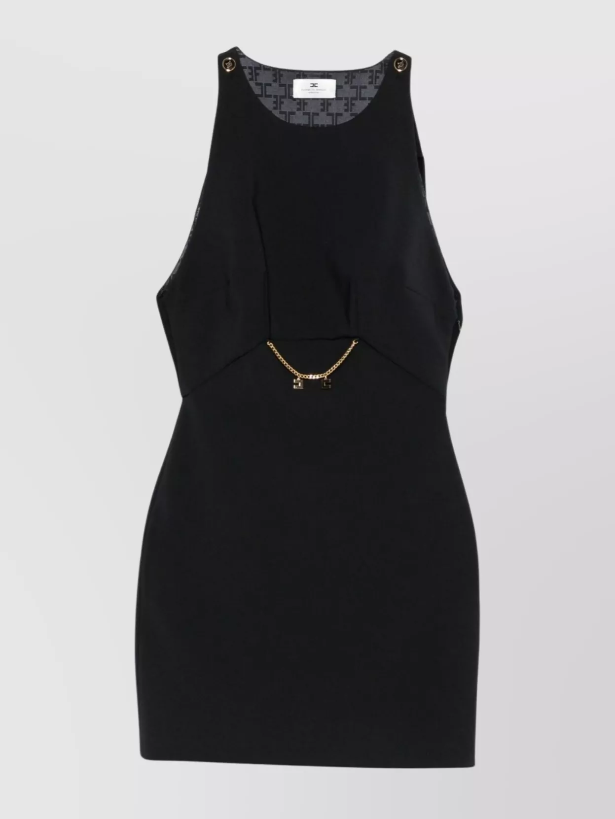 Elisabetta Franchi Sleeveless Round Neck Mini Fitted Chain Dress In Black