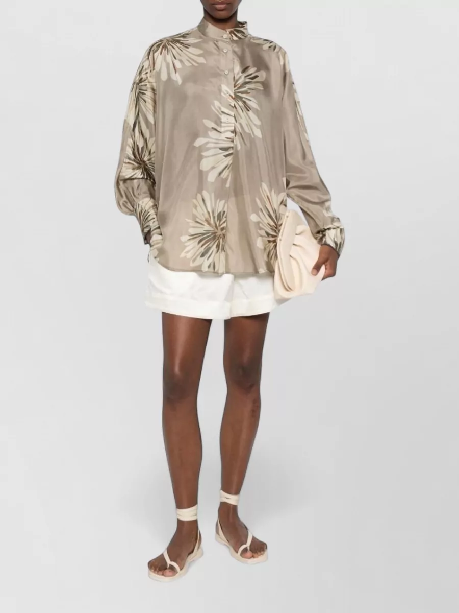 Brunello Cucinelli Silk Floral Print Long Sleeve Shirt