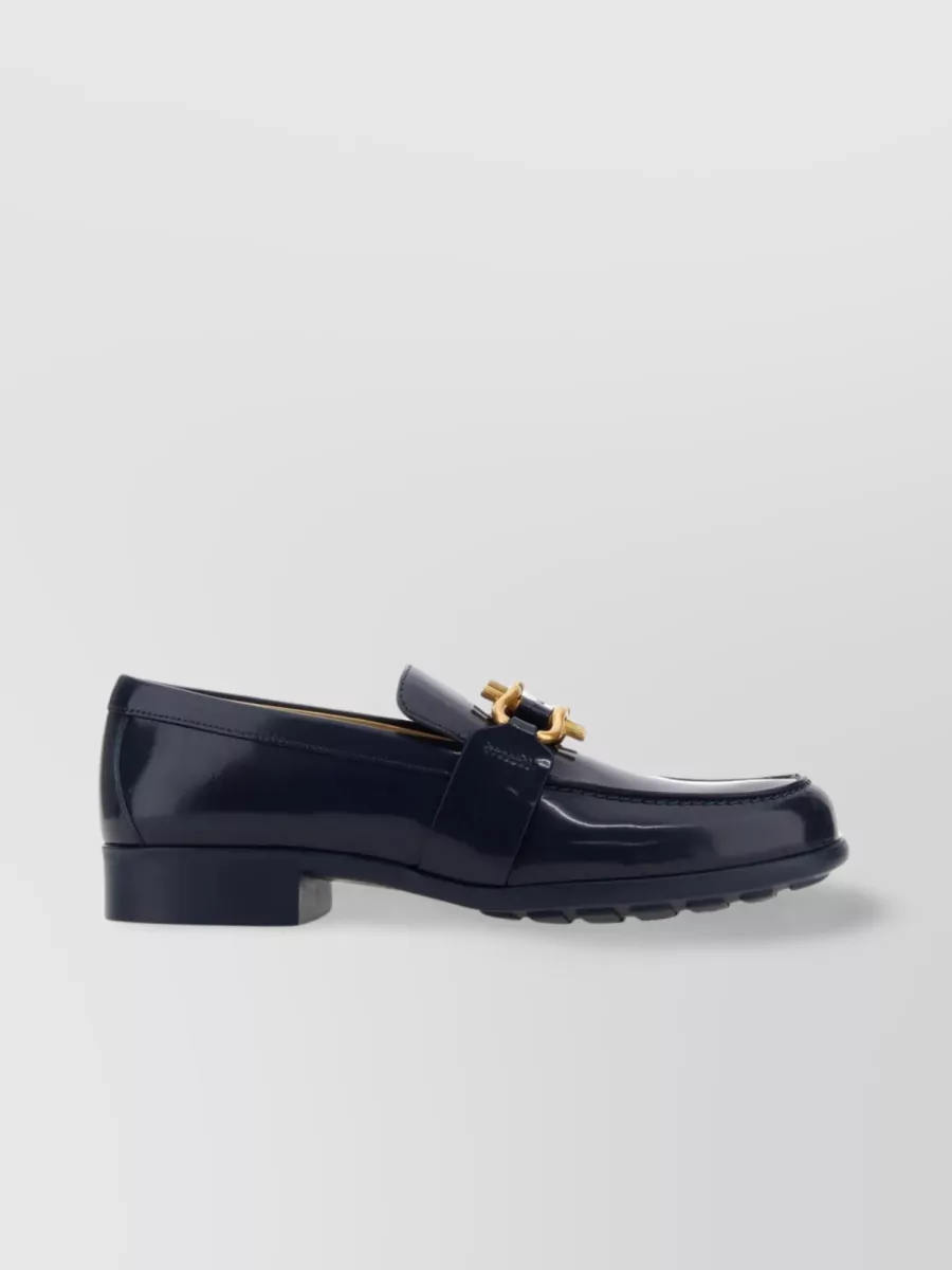 Shop Bottega Veneta Polished Leather Loafers With Metal Chain Detail In Blue