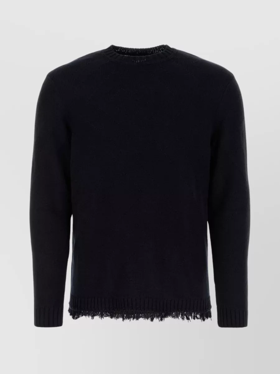 Shop Fendi Cotton Sweater Crew-neck Fringed Hemline In Blue