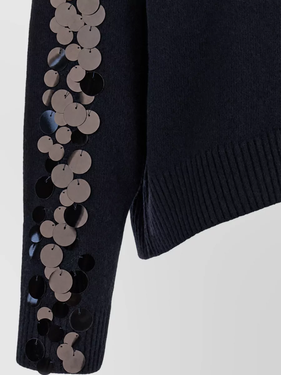 Nude Sequin V-Neck Ribbed Wool-Blend Sweater