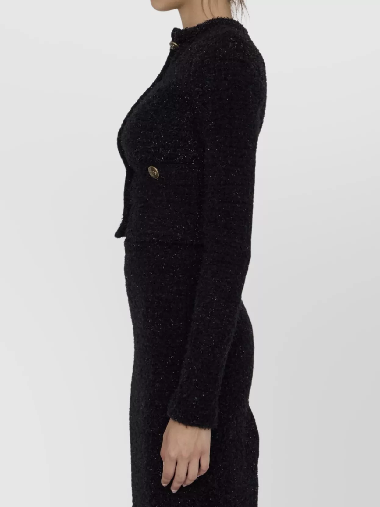 Balenciaga Button Detailing Tweed Cropped Cardigan In Black
