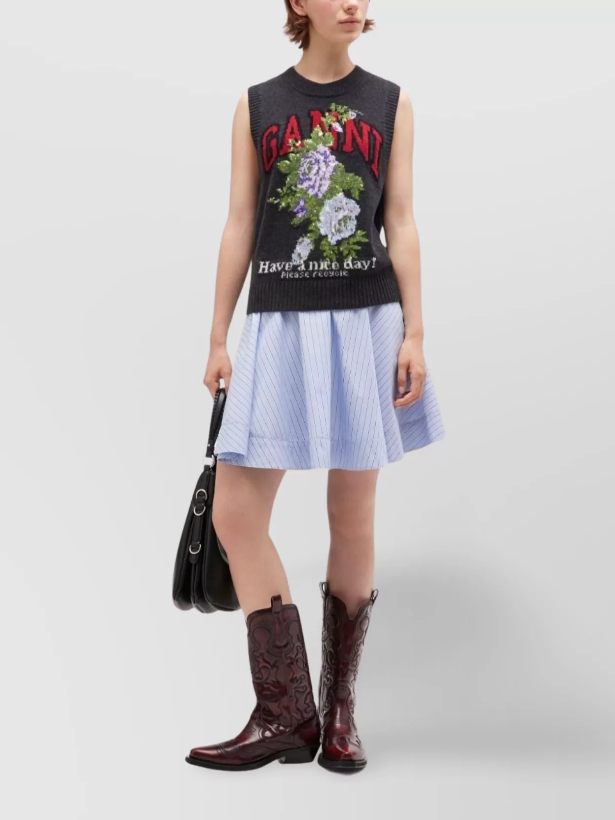 Ganni Floral Embroidered Wool Sleeveless Top In Brown