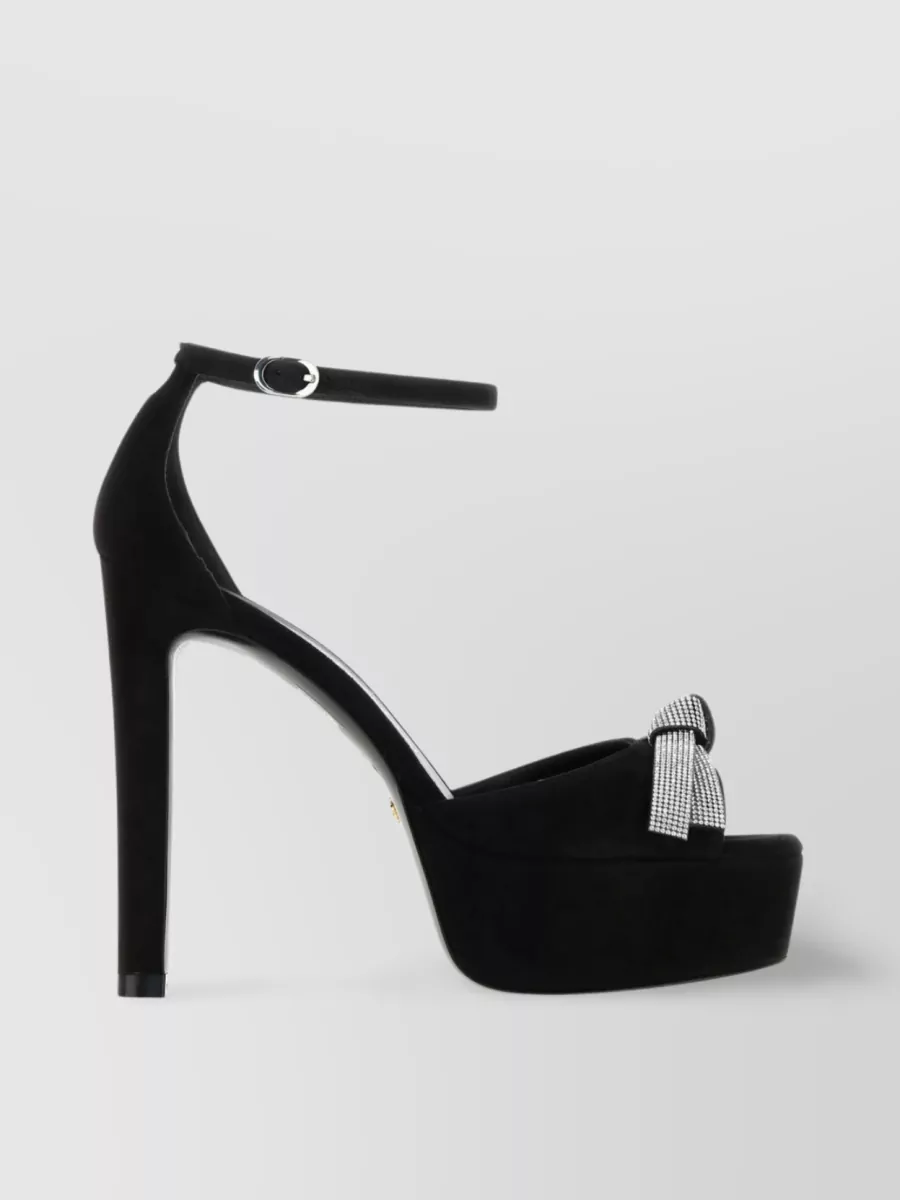 Shop Stuart Weitzman Embellished Bow Suede Platform Sandals In Black