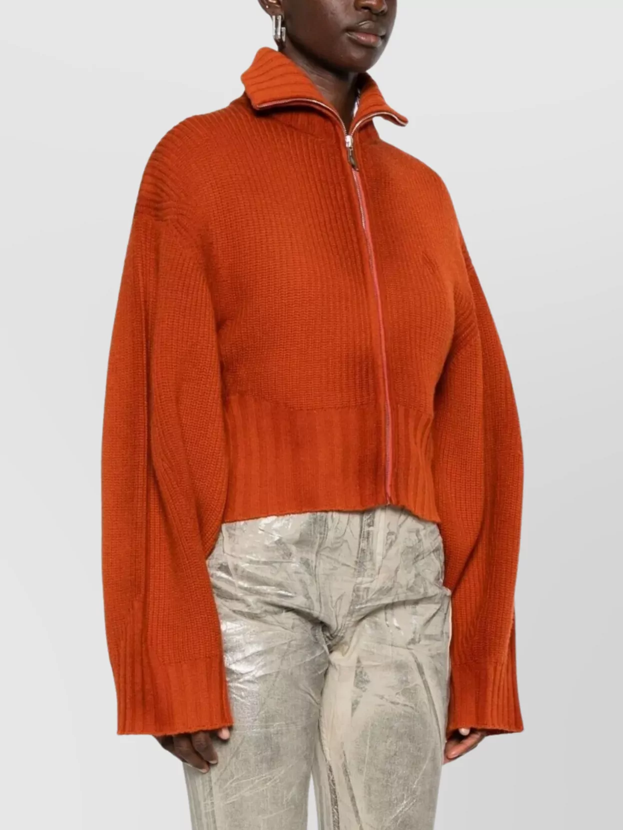 Attico Cropped Knit Cardigan High Collar In Brown
