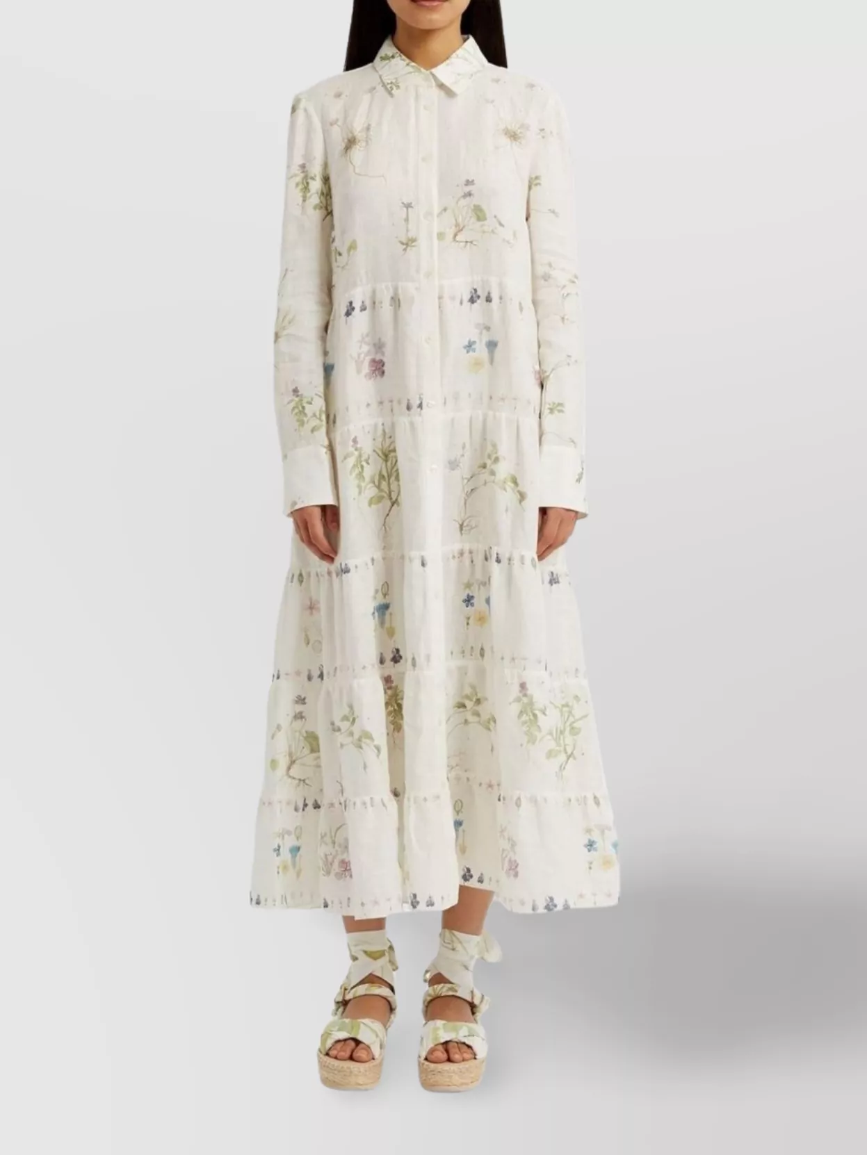 Erdem Floral Print Linen Dress With Tiered Skirt