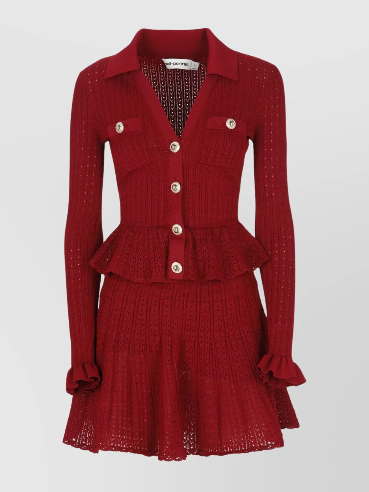Self-portrait Burgundy Mini Dress With V-neck And Flared Hem In Red