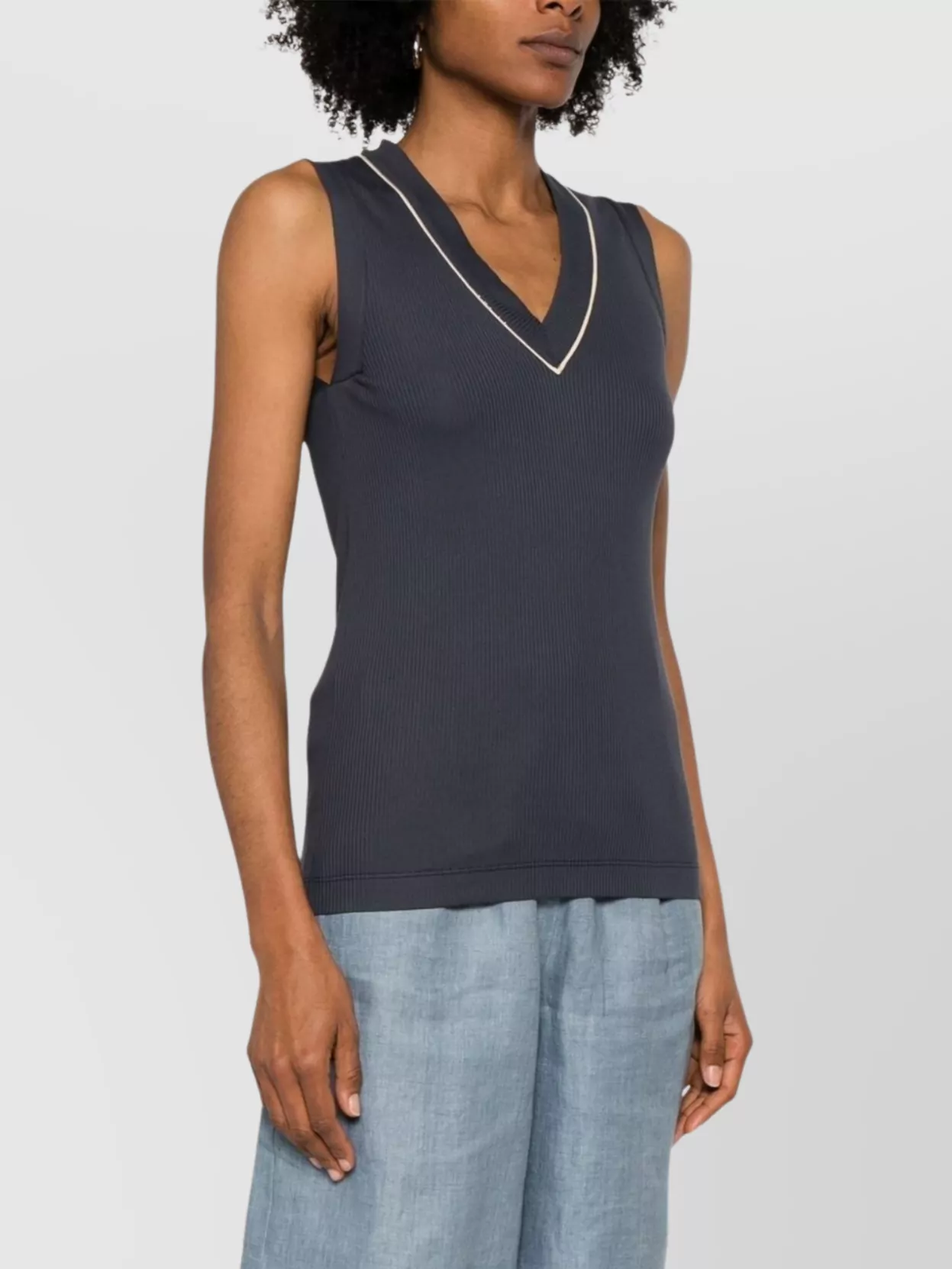 Brunello Cucinelli Ribbed Texture V-Necked Top With Contrast Trim