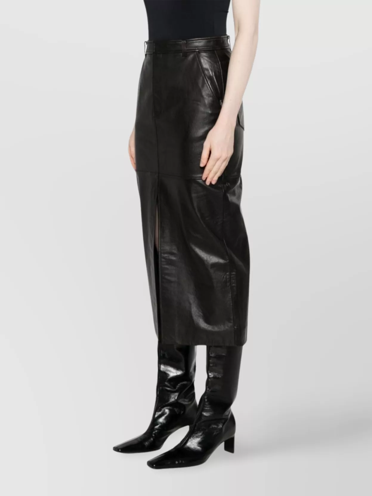 Self-portrait Leather Midi Skirt With Belt And Slit