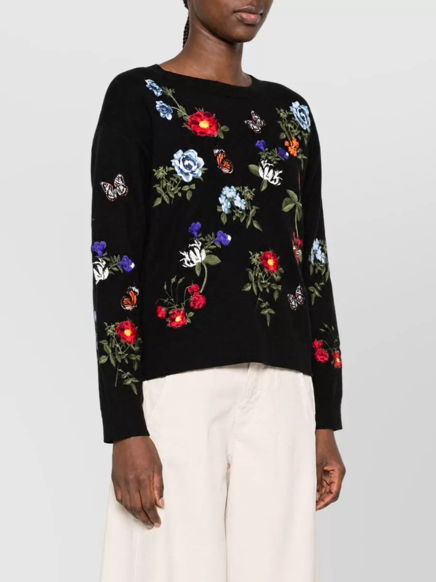 Alice + Olivia Ribbed Floral-Embroidered Sweater
