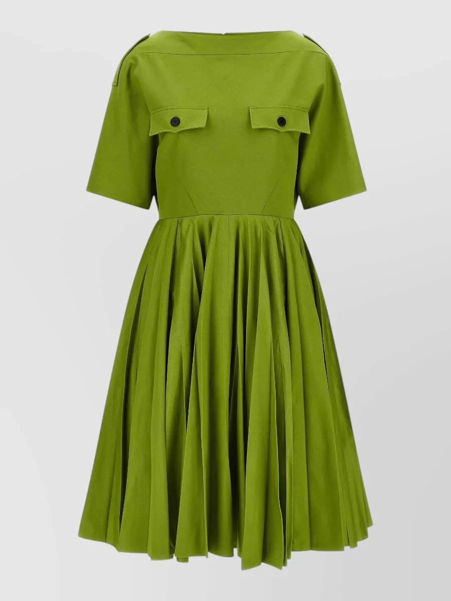 Prada cotton chino boat neck short sleeve pleated midi dress