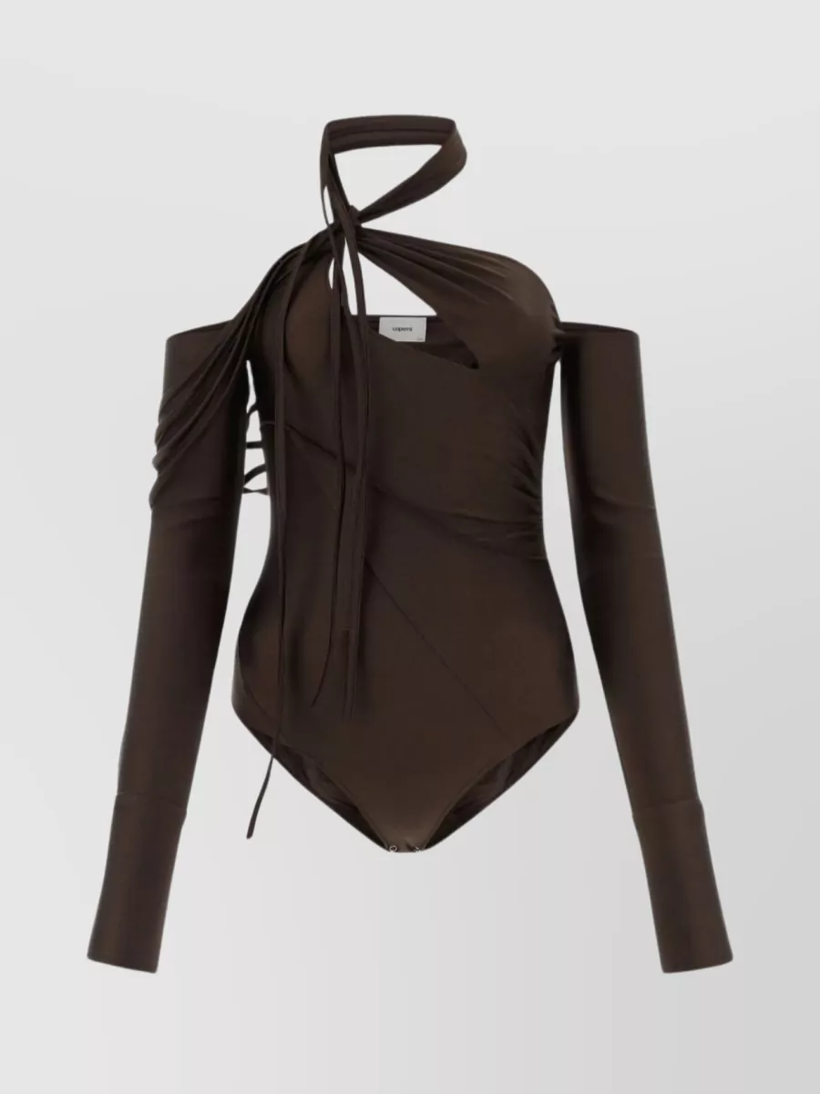 Shop Coperni Streamlined Stretch Bodysuit With Fringe And Cut-out Detail In Brown