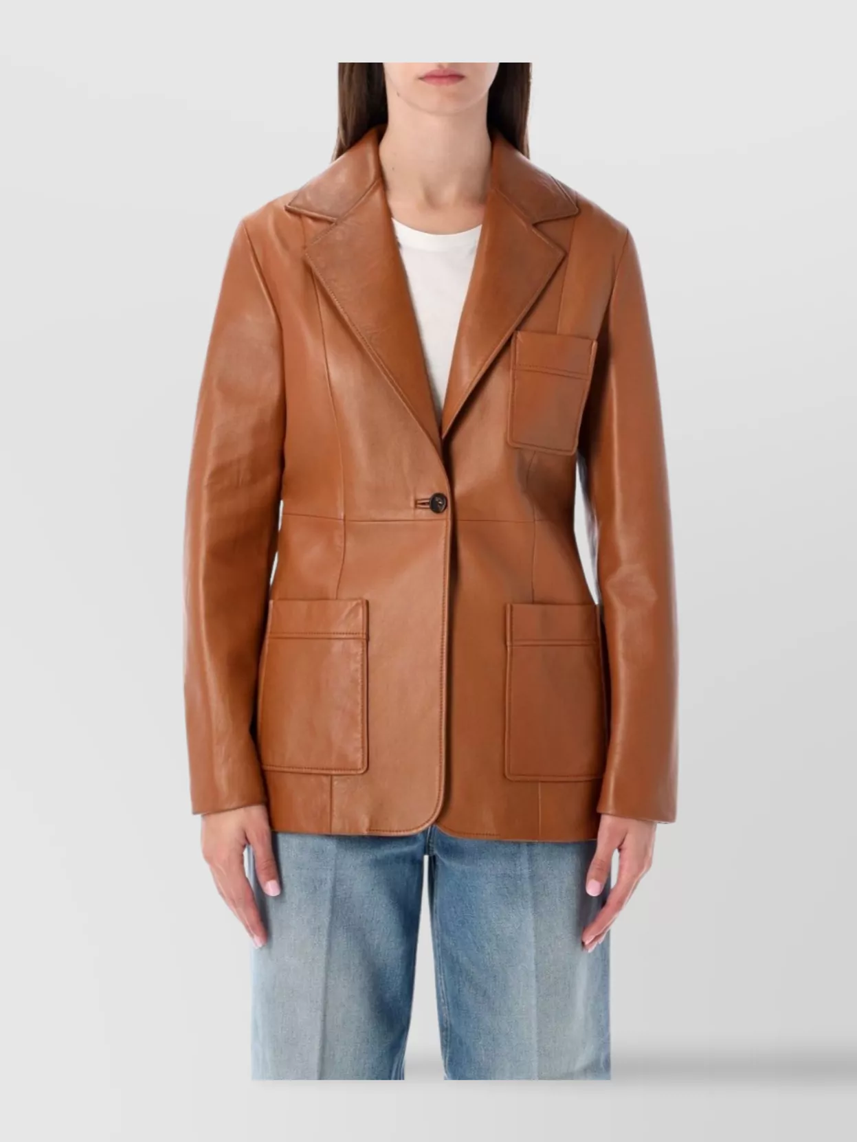 Chloé Structured Leather Blazer Notched Lapel In Brown