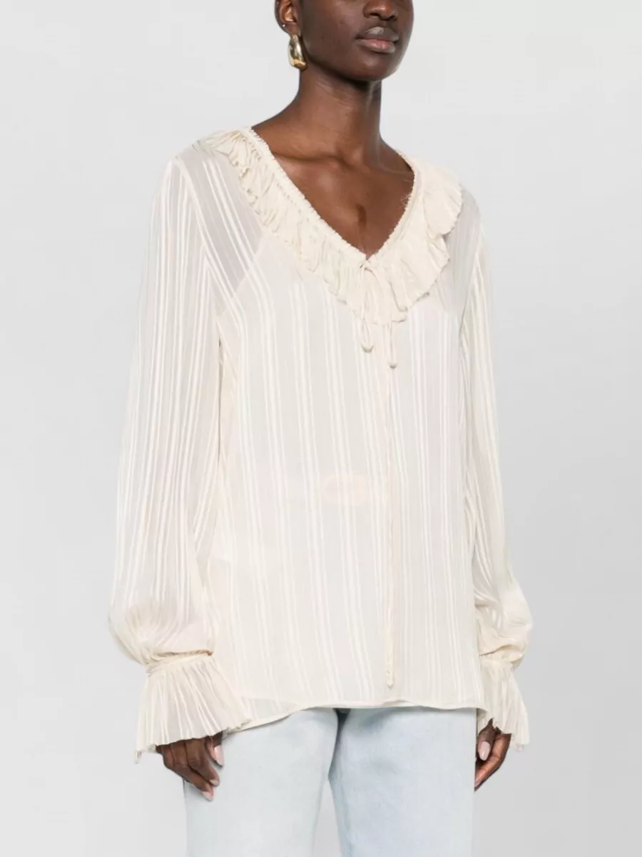 Pinko Striped Blouse Nylon Silk Sheer Tie Neckline