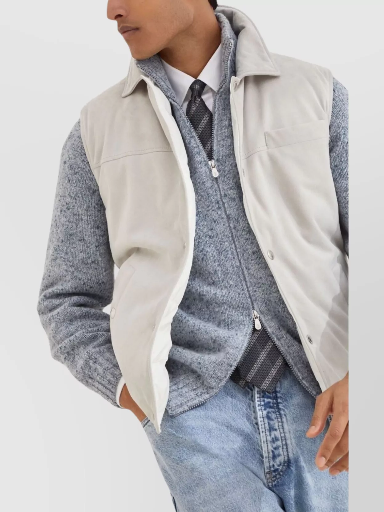 Brunello Cucinelli Leather Vest With Sleeveless Design And Slip Pockets In Gray