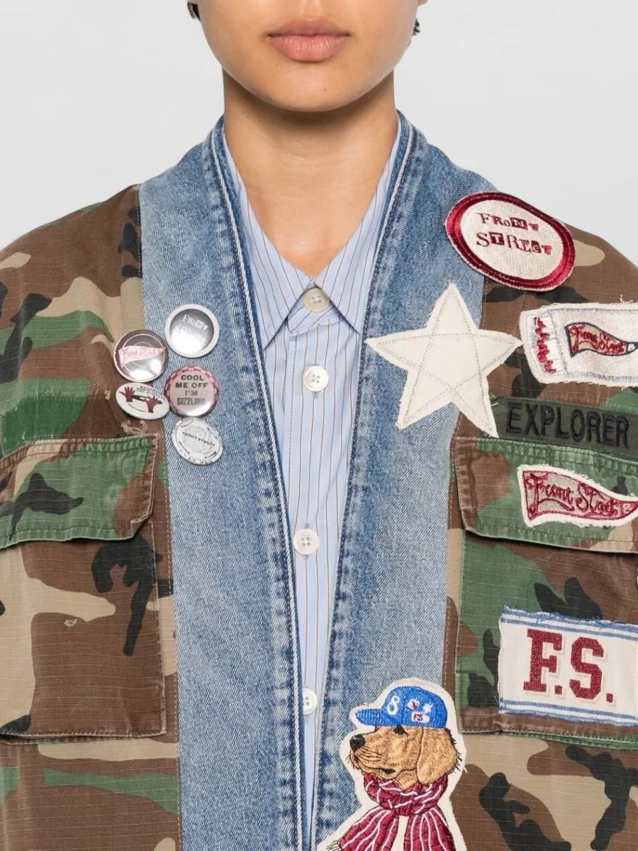 Front Street Cotton Printed Patch Embellished Single Breasted Coat