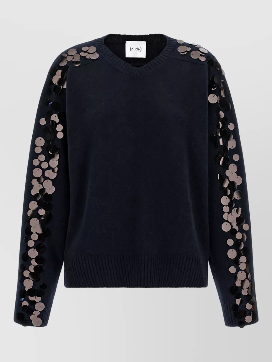 Nude sequin v-neck ribbed wool-blend sweater
