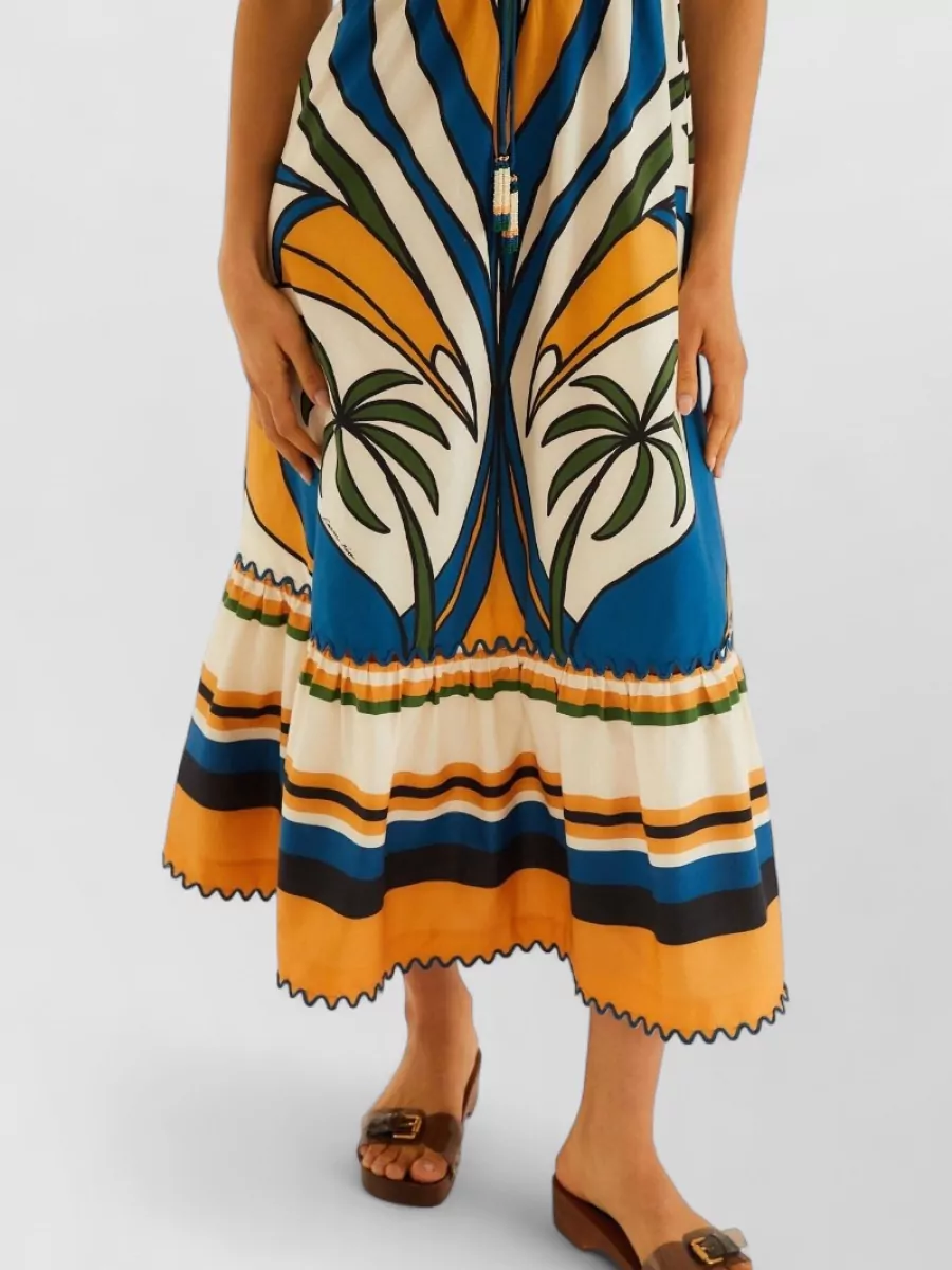 Farm Rio Cotton Printed V-Neck Long-Sleeve Maxi Beach Dress