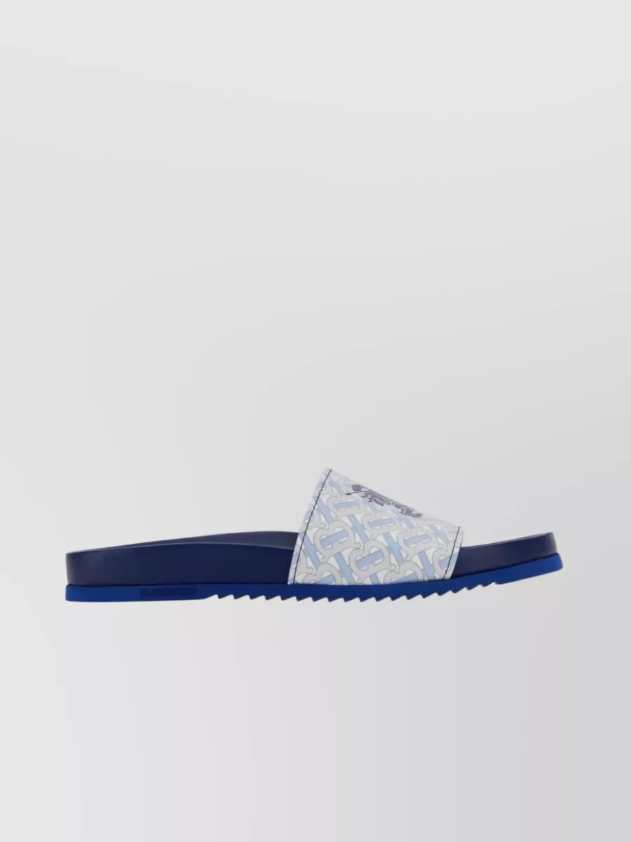 Shop Burberry Printed Design Leather Slippers In Blue