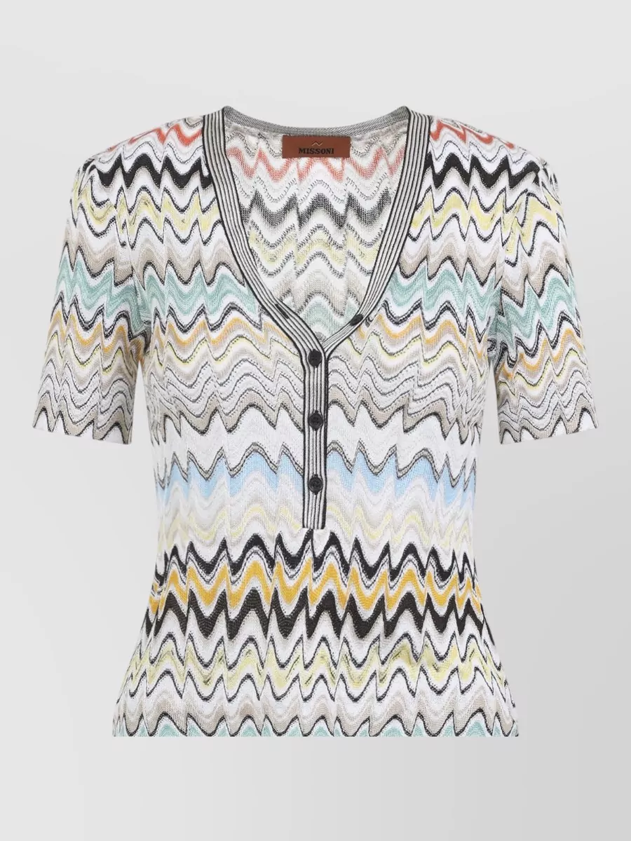 Missoni Metallic Zigzag Knit V-Neck Short-Sleeve Top