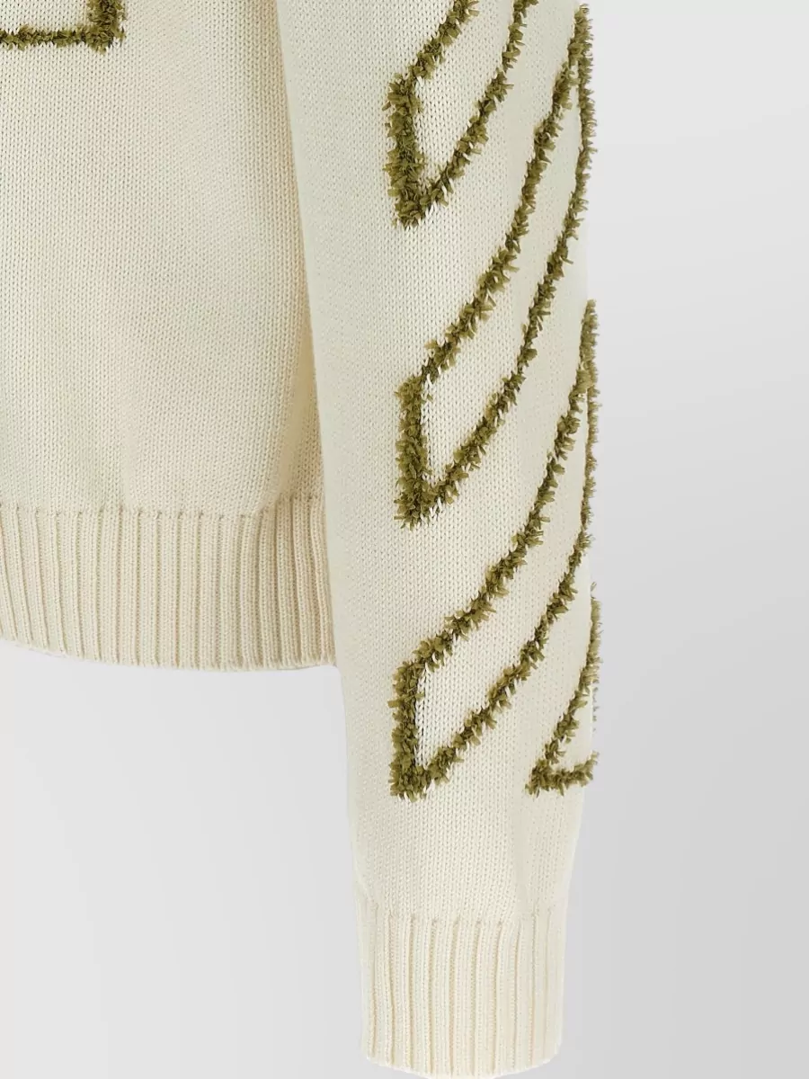 Off-White Diagonal Knit Crew Neck Sweater Ribbed