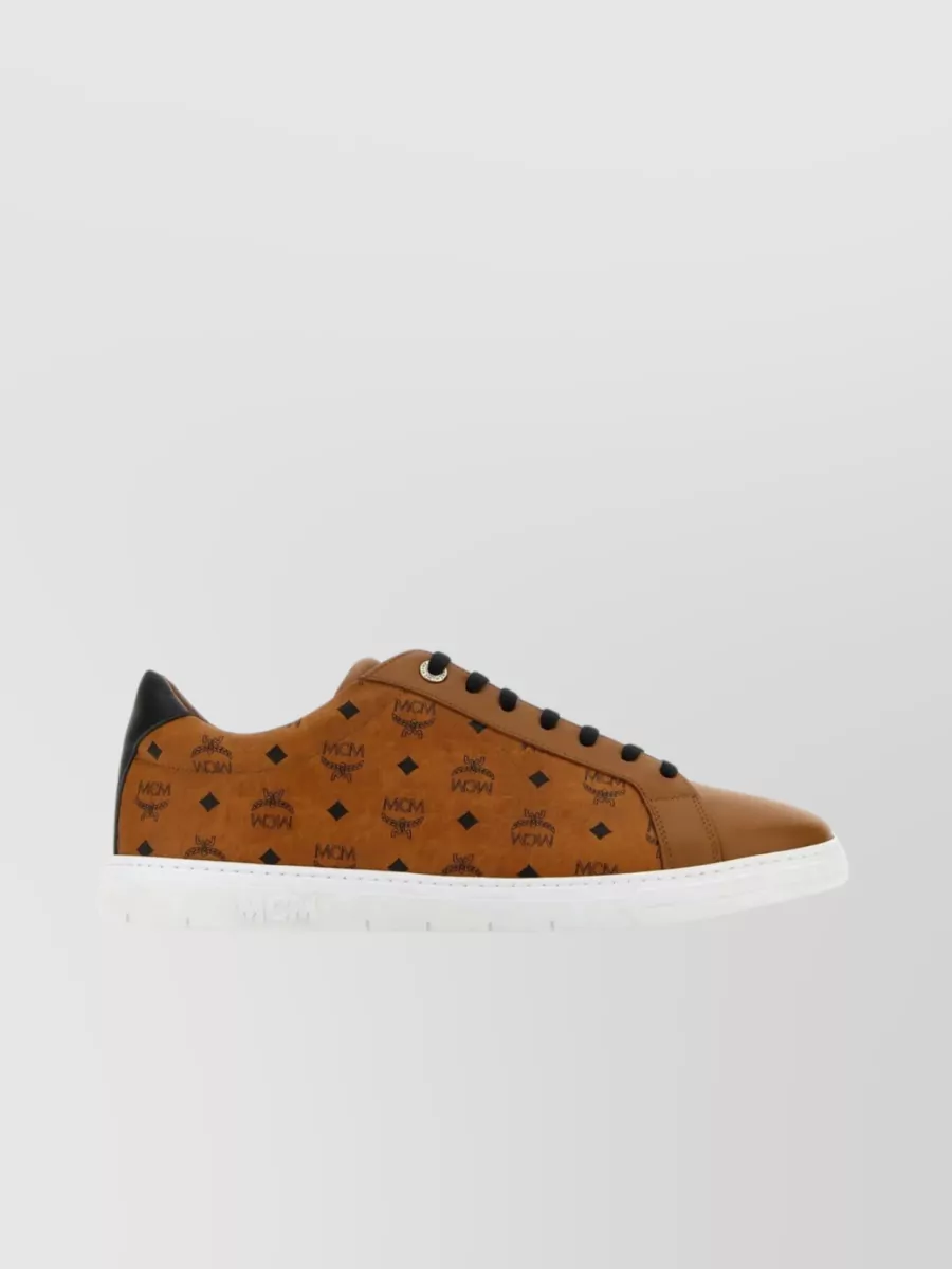 Shop Mcm Ankle Padded Canvas Sneakers In Brown