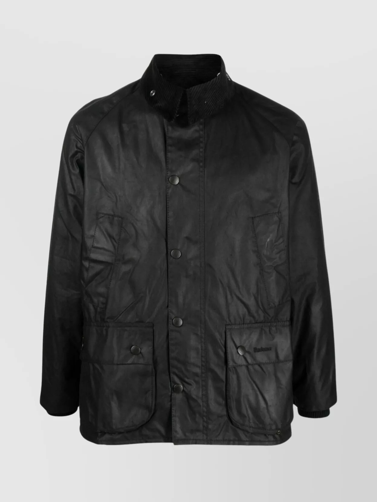 Barbour Waxed Jacket With Corduroy Collar And Pockets In Black