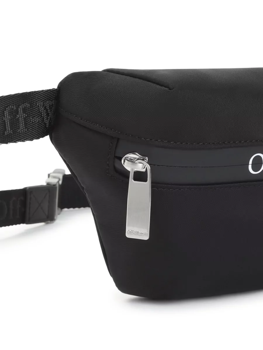 Off-White Nylon belt bag — The sleek black Off-White belt bag sits tight to the torso, keeps the silhouette clean around the cropped outerwear, and reinforces the technical streetwear mood in a neutral tone.