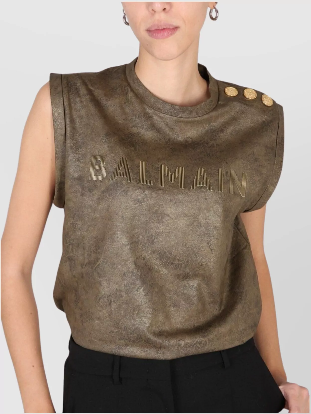 Balmain Metallic Logo T-Shirt Shoulder Buttons