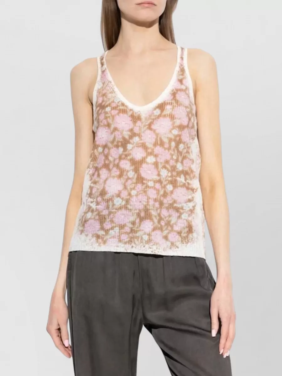 Diesel Linen Ribbed Sleeveless Floral V-Neck Knitted Top