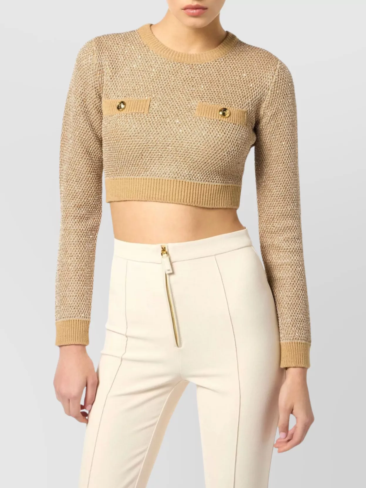 Elisabetta Franchi Cropped Knit Top With Button Front And Ribbed Cuffs