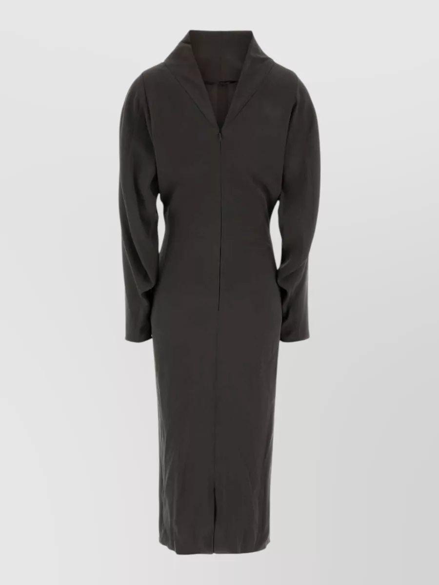 Giorgio Armani Silk midi dress — The Giorgio Armani charcoal long-sleeve midi mirrors the boots’ sculpted quiet luxury, matching their formality and creating a clean column that lets the rich brown suede read as a refined accent.